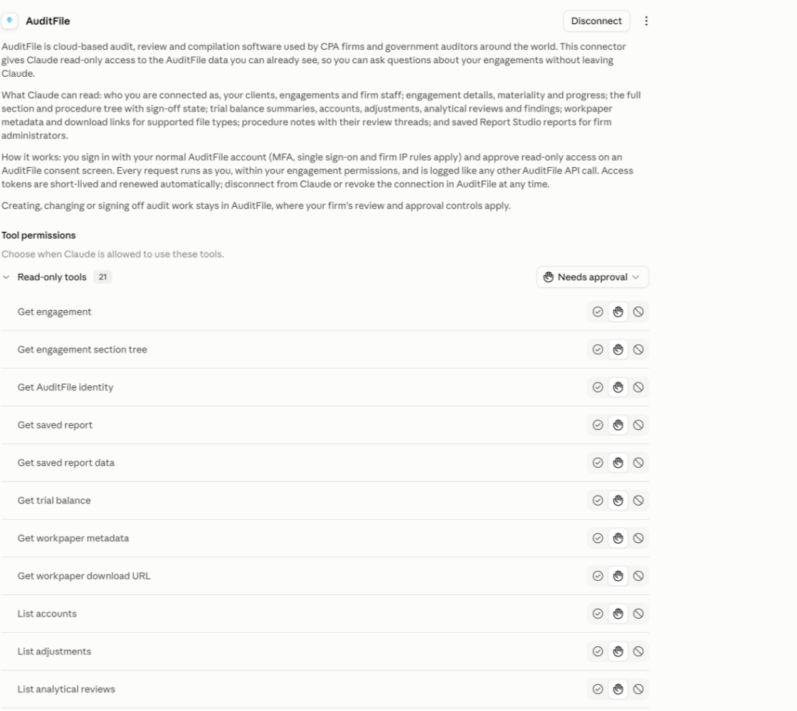 AuditFile connector in Claude showing its read-only tools